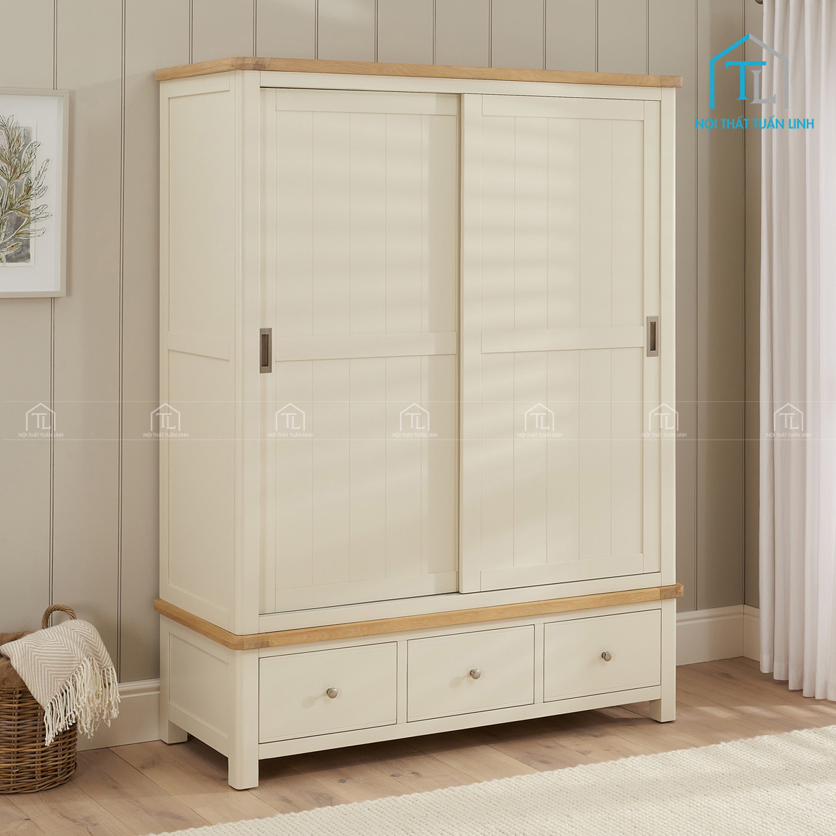 Tủ quần áo cửa lùa gỗ công nghiệp MDF sơn kem 2 cánh trượt kèm 3 ngăn kéo
