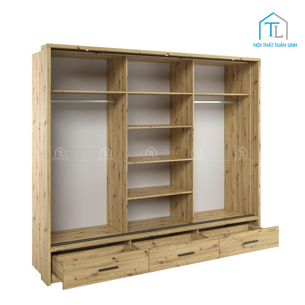 Tủ quần áo cửa lùa gỗ công nghiệp vân gỗ sồi có gương hiện đại (240 x 240 cm)