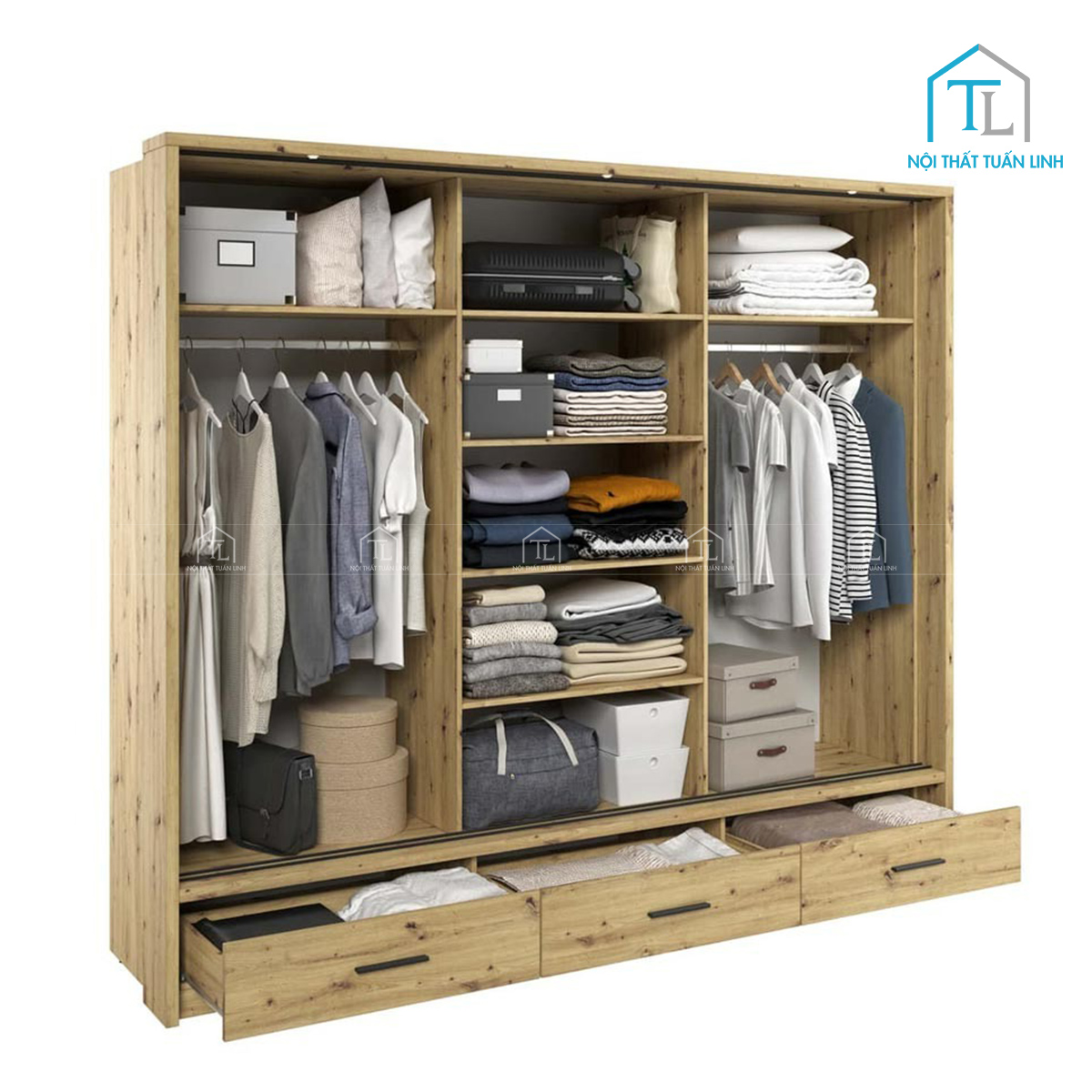 Tủ quần áo cửa lùa gỗ công nghiệp vân gỗ sồi có gương hiện đại (240 x 240 cm)