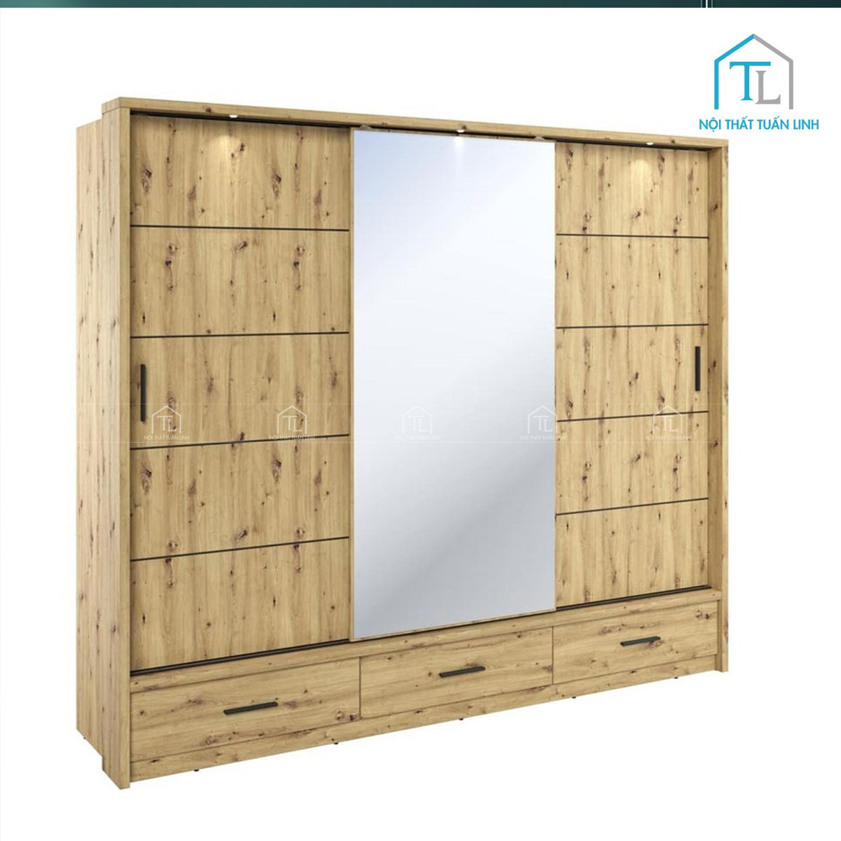 Tủ quần áo cửa lùa gỗ công nghiệp vân gỗ sồi có gương hiện đại (240 x 240 cm)