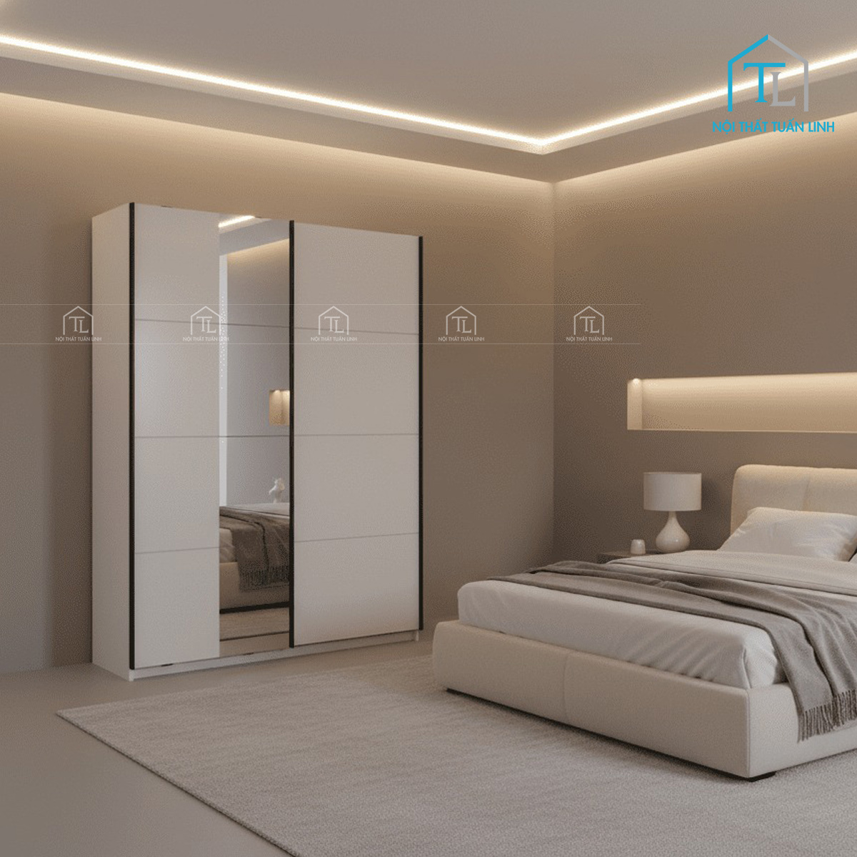 Tủ quần áo cửa lùa gương gỗ MDF màu trắng hiện đại 2 cánh