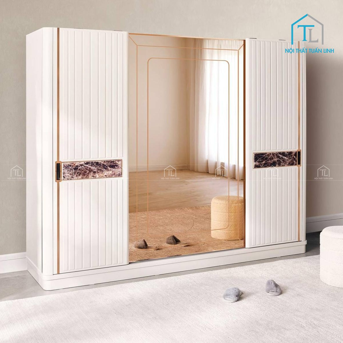 Tủ quần áo cửa lùa gương màu kem gỗ MDF thiết kế hiện đại