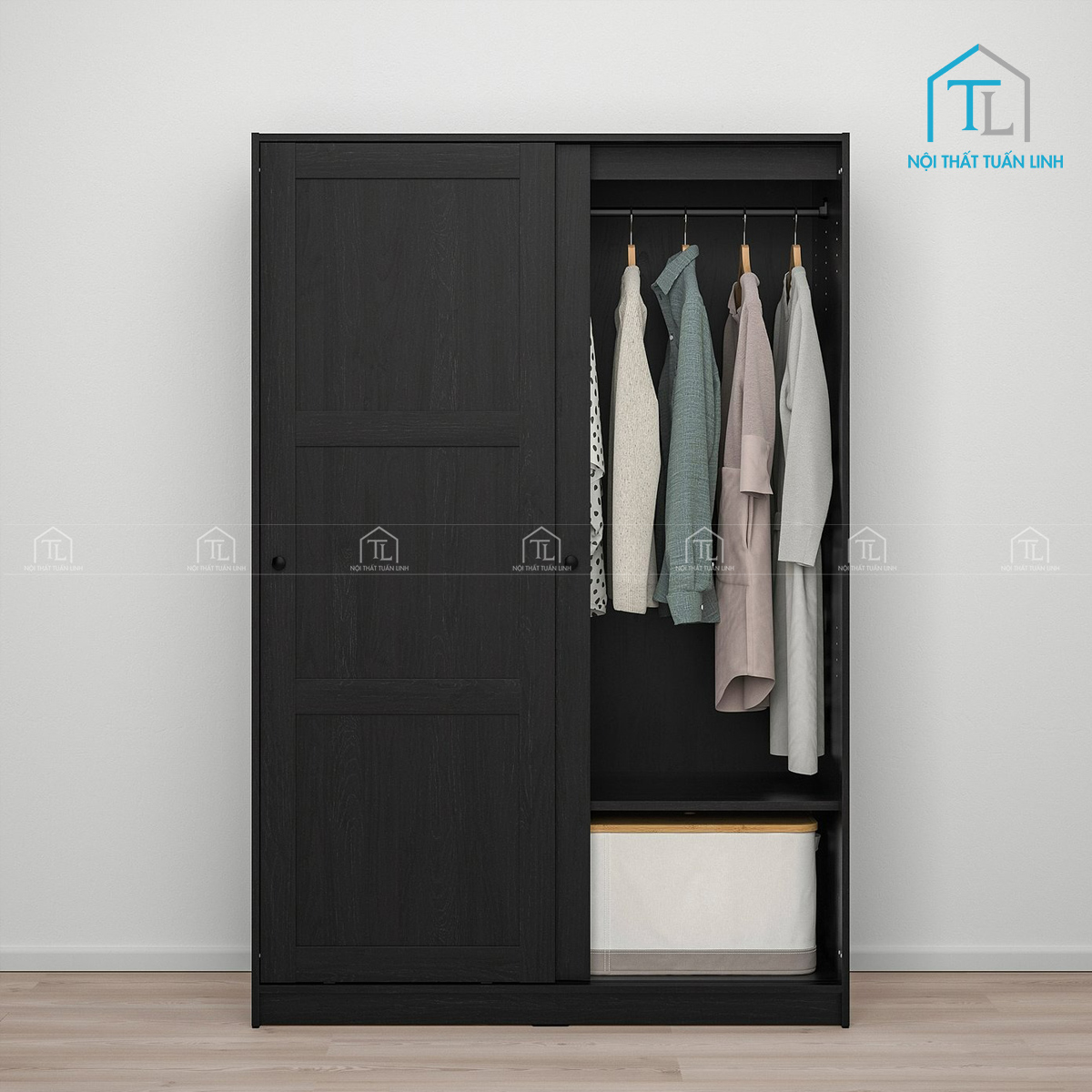 Tủ quần áo cửa lùa màu đen vân gỗ MDF thiết kế gọn gàng hiện đại