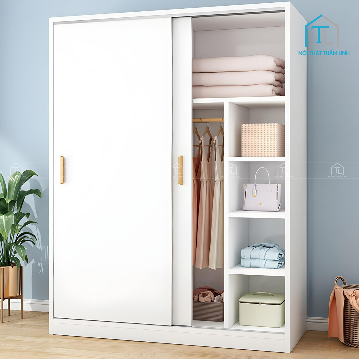 Tủ quần áo cửa lùa màu trắng hiện đại tối ưu không gian