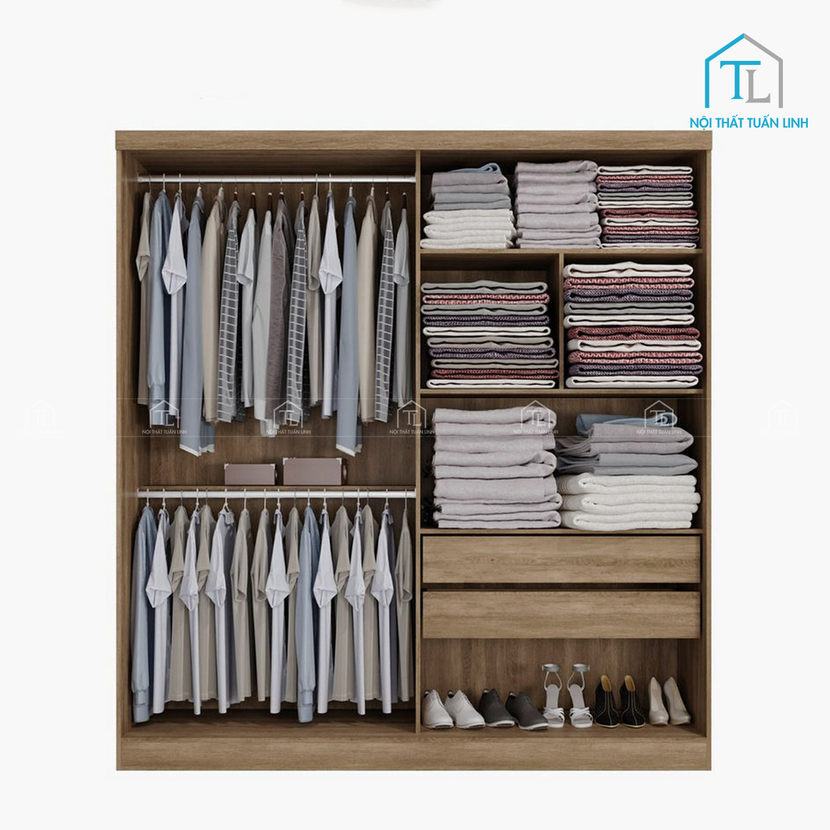 Tủ quần áo cửa lùa MDF thiết kế hiện đại kèm kệ và ngăn kéo