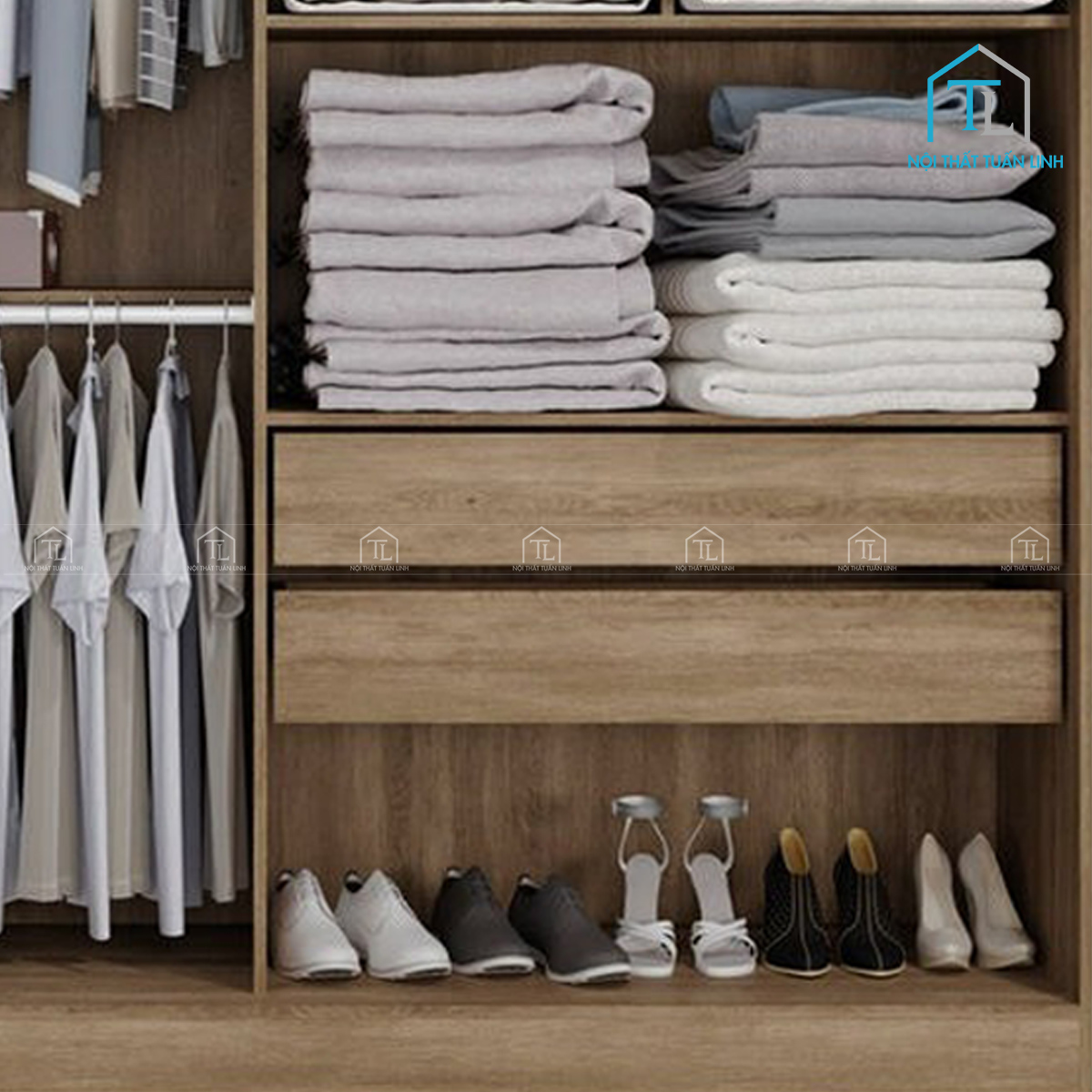 Tủ quần áo cửa lùa MDF thiết kế hiện đại kèm kệ và ngăn kéo