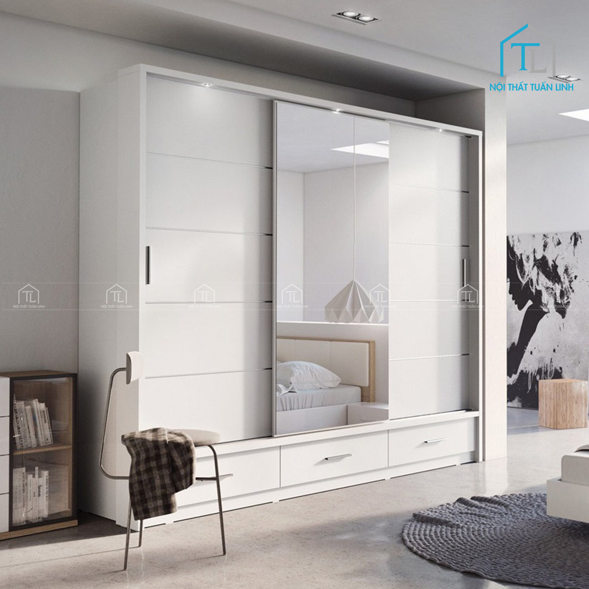 Tủ quần áo cửa lùa  màu trắng tích hợp gương soi hiện đại