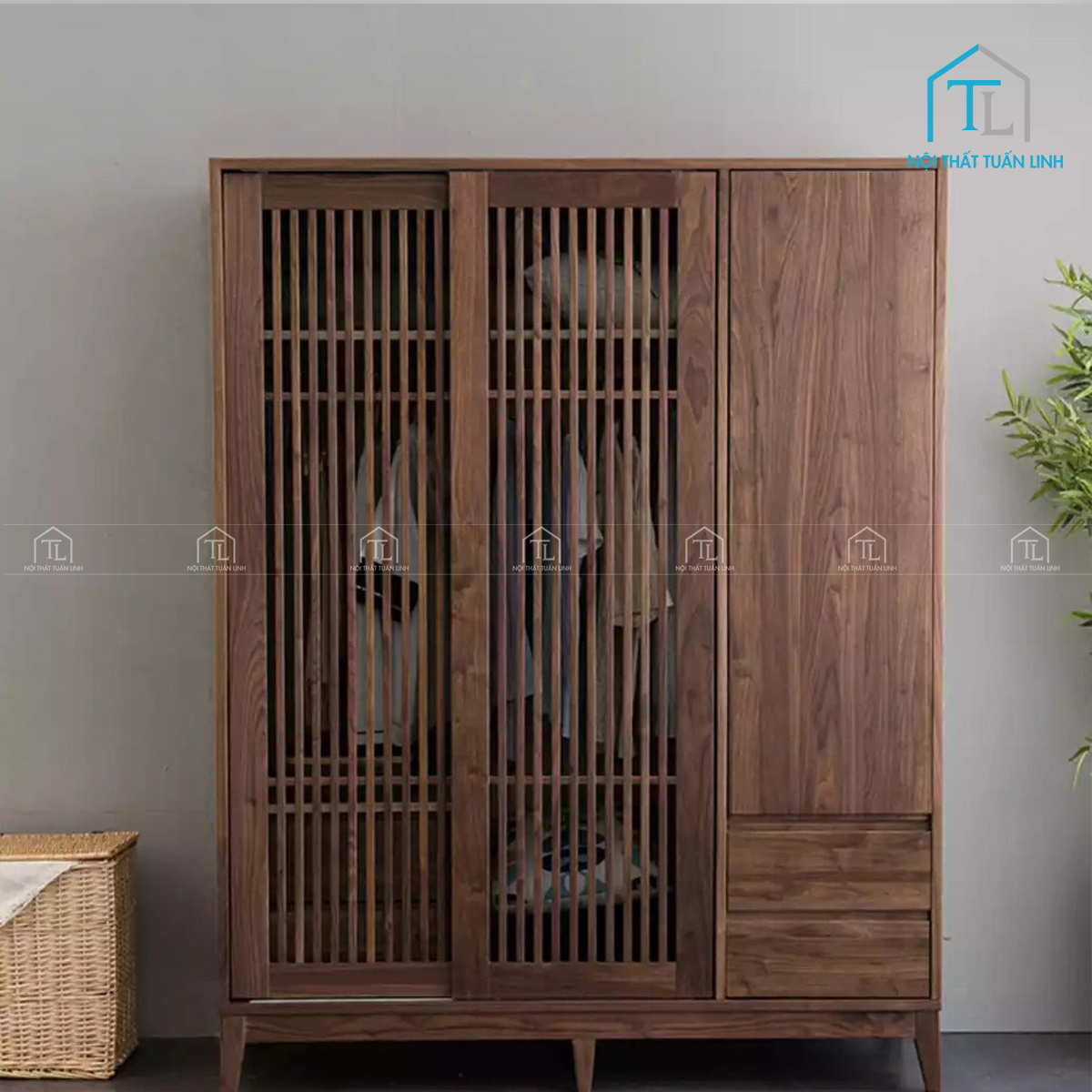 Tủ quần áo cửa lùa gỗ óc chó tự nhiên cao cấp