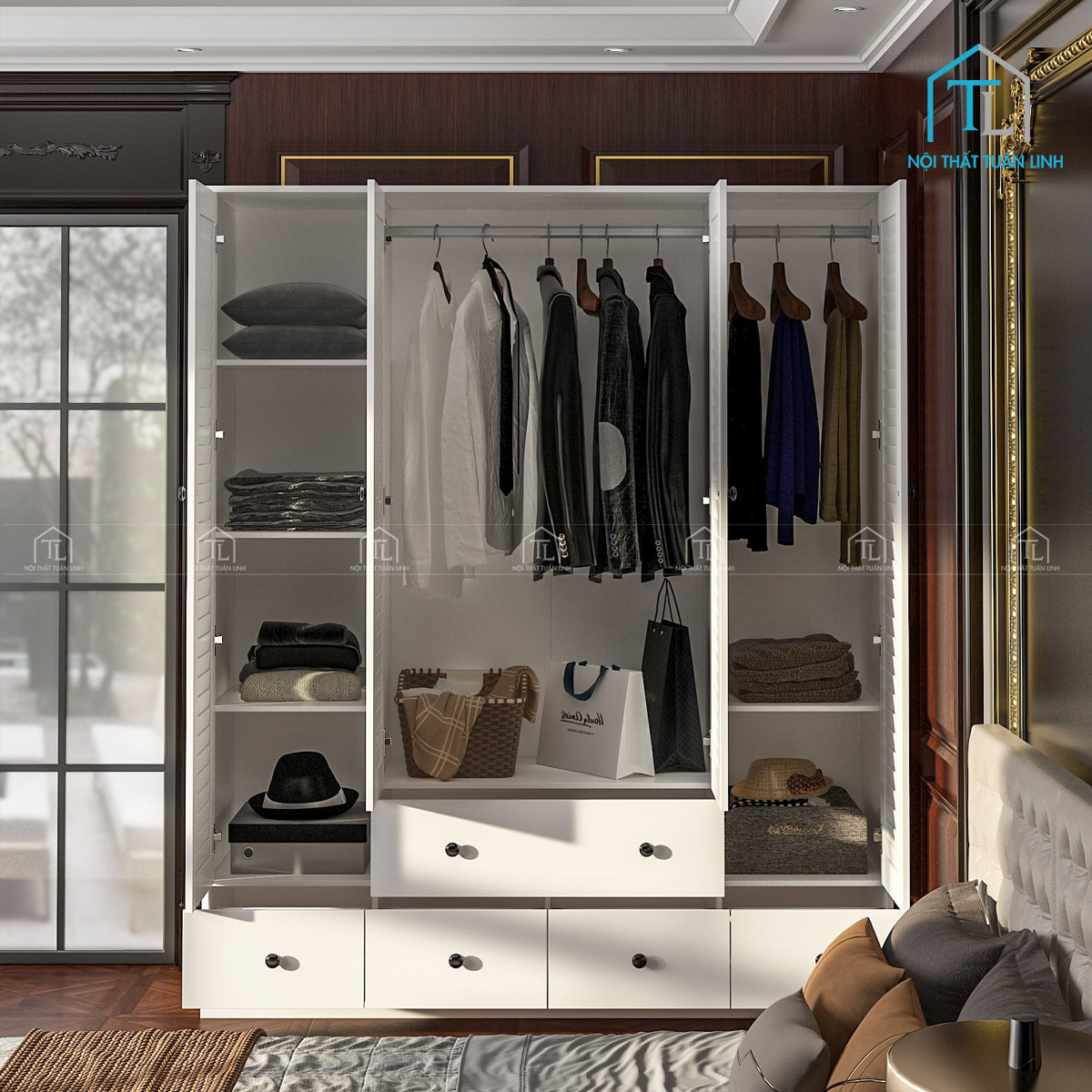 Tủ quần áo gỗ MDF 4 cánh cửa lá sách màu trắng, tích hợp ngăn kệ & ngăn kéo tiện lợi