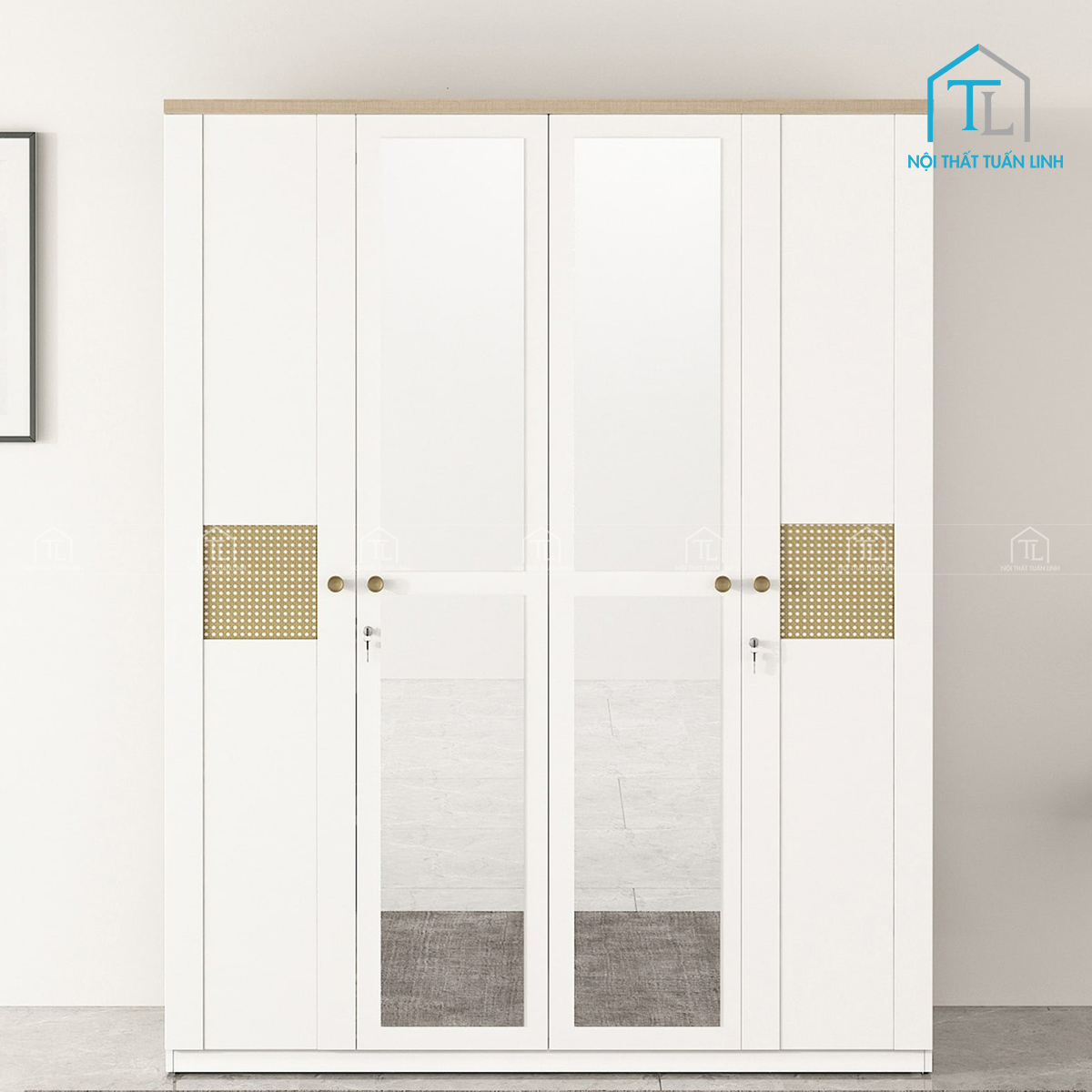 Tủ quần áo gỗ công nghiệp 4 cánh có gương phong cách hiện đại