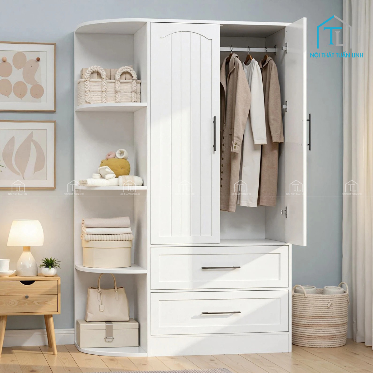 Tủ quần áo gỗ MDF 2 cánh kèm 2 ngăn kéo thiết kế hiện đại