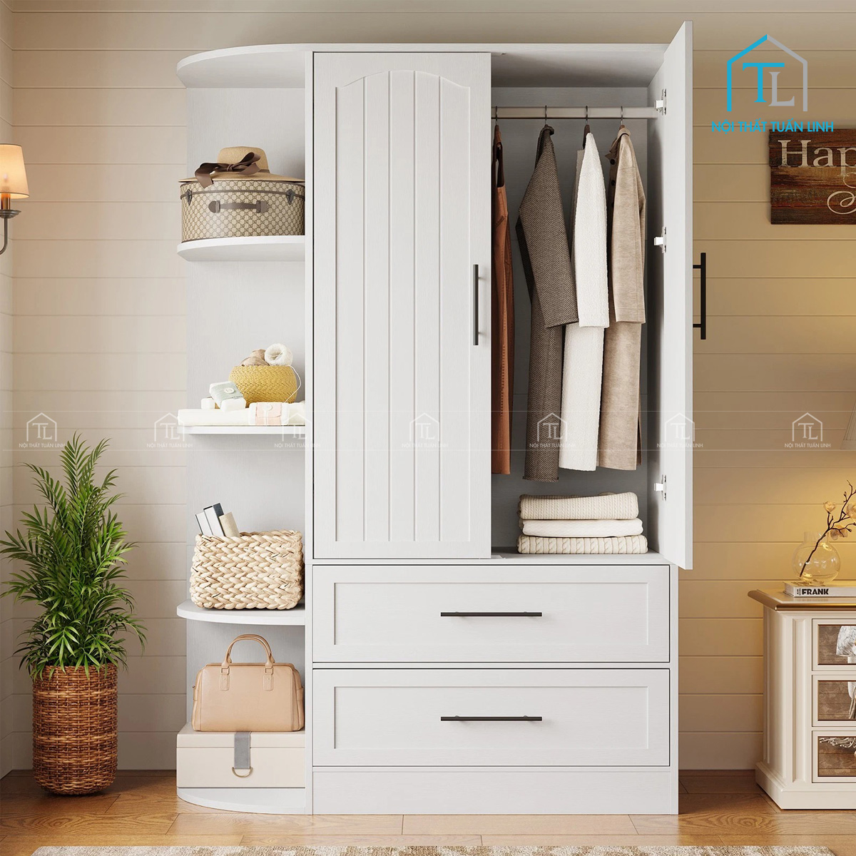 Tủ quần áo gỗ MDF 2 cánh kèm 2 ngăn kéo thiết kế hiện đại
