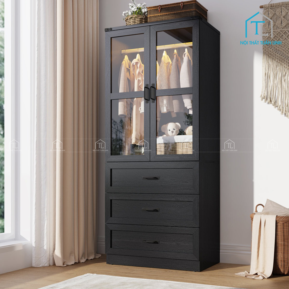 Tủ quần áo MDF cánh kính 2 cánh kèm ngăn kéo và đèn led