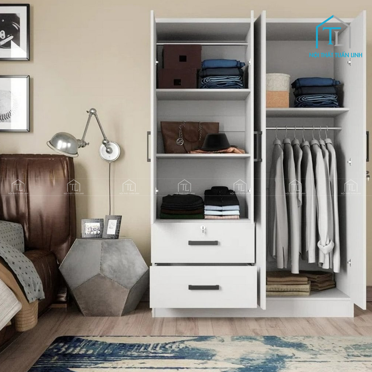 Tủ quần áo MDF màu trắng, thiết kế tiện lợi nhiều ngăn