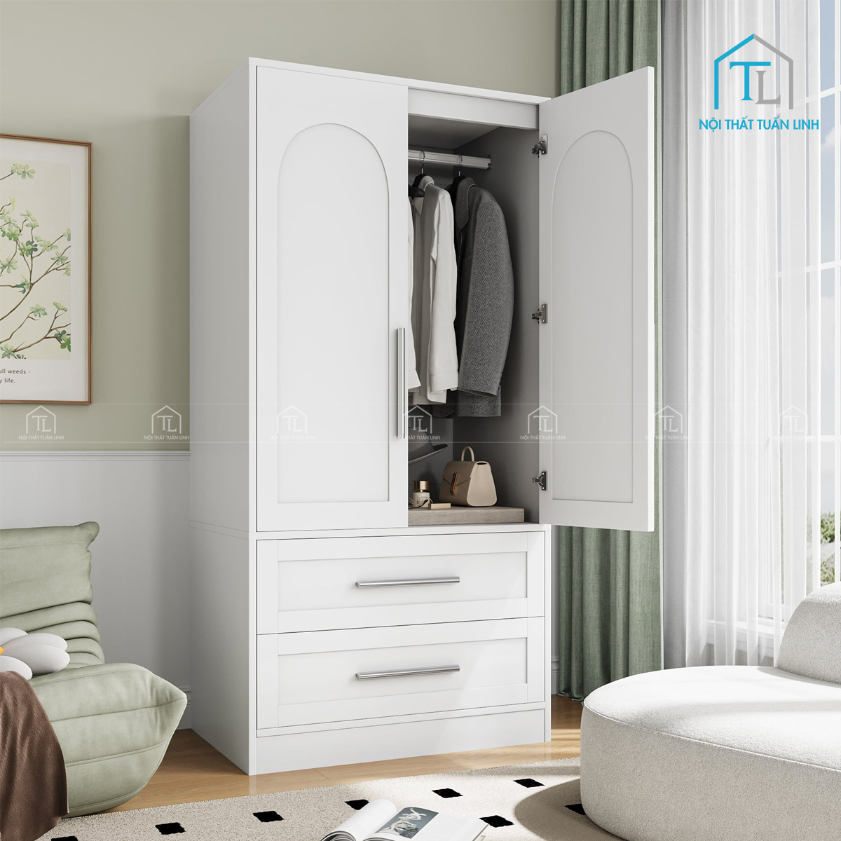 Tủ quần áo MDF trắng hiện đại 2 cánh có ngăn kéo