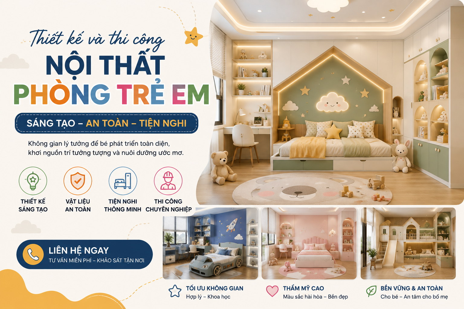 Thiết kế và thi công nội thất phòng trẻ em sáng tạo, an toàn và tiện nghi