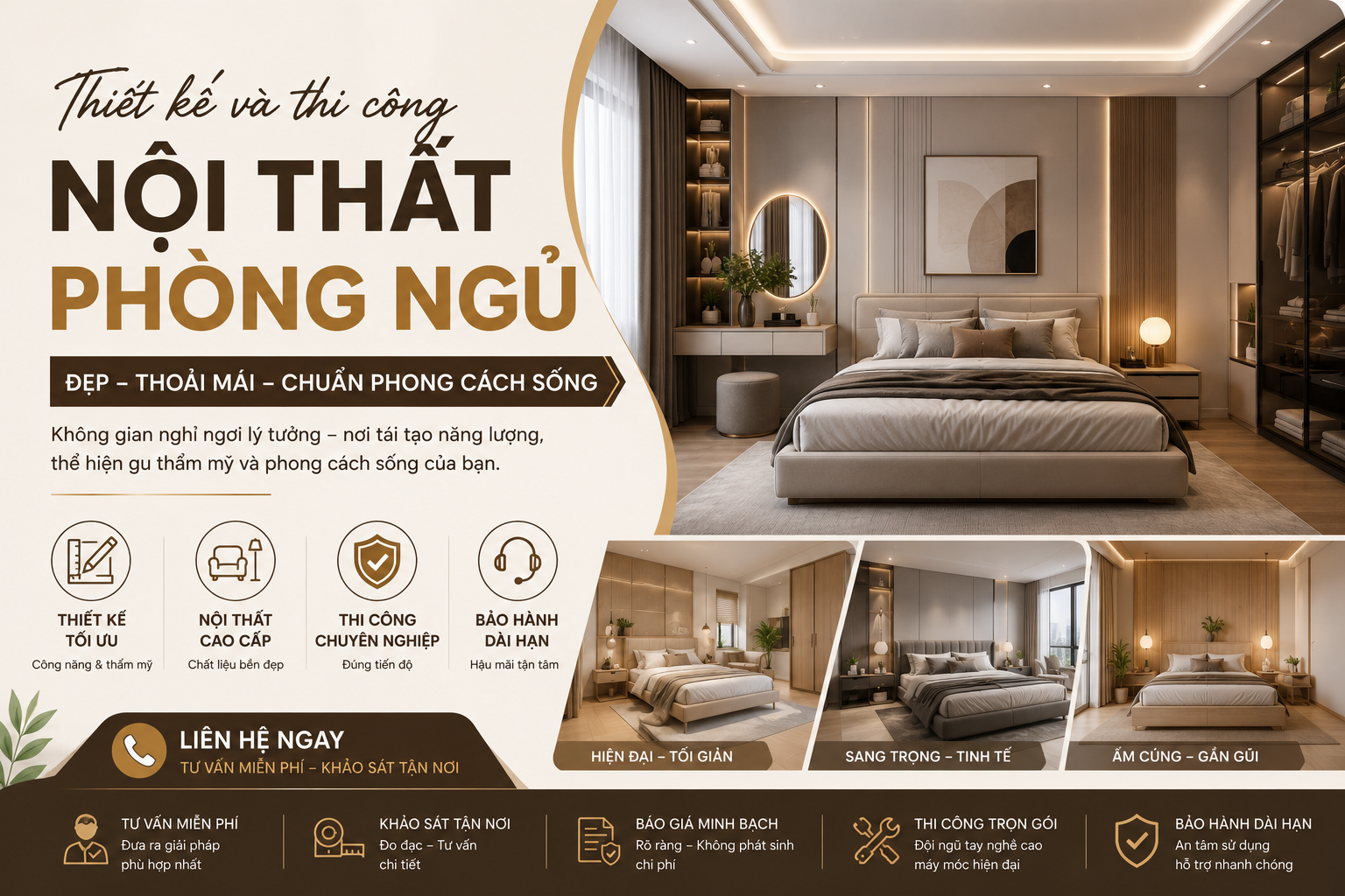 Thiết kế và thi công nội thất phòng ngủ đẹp, thoải mái, chuẩn phong cách sống