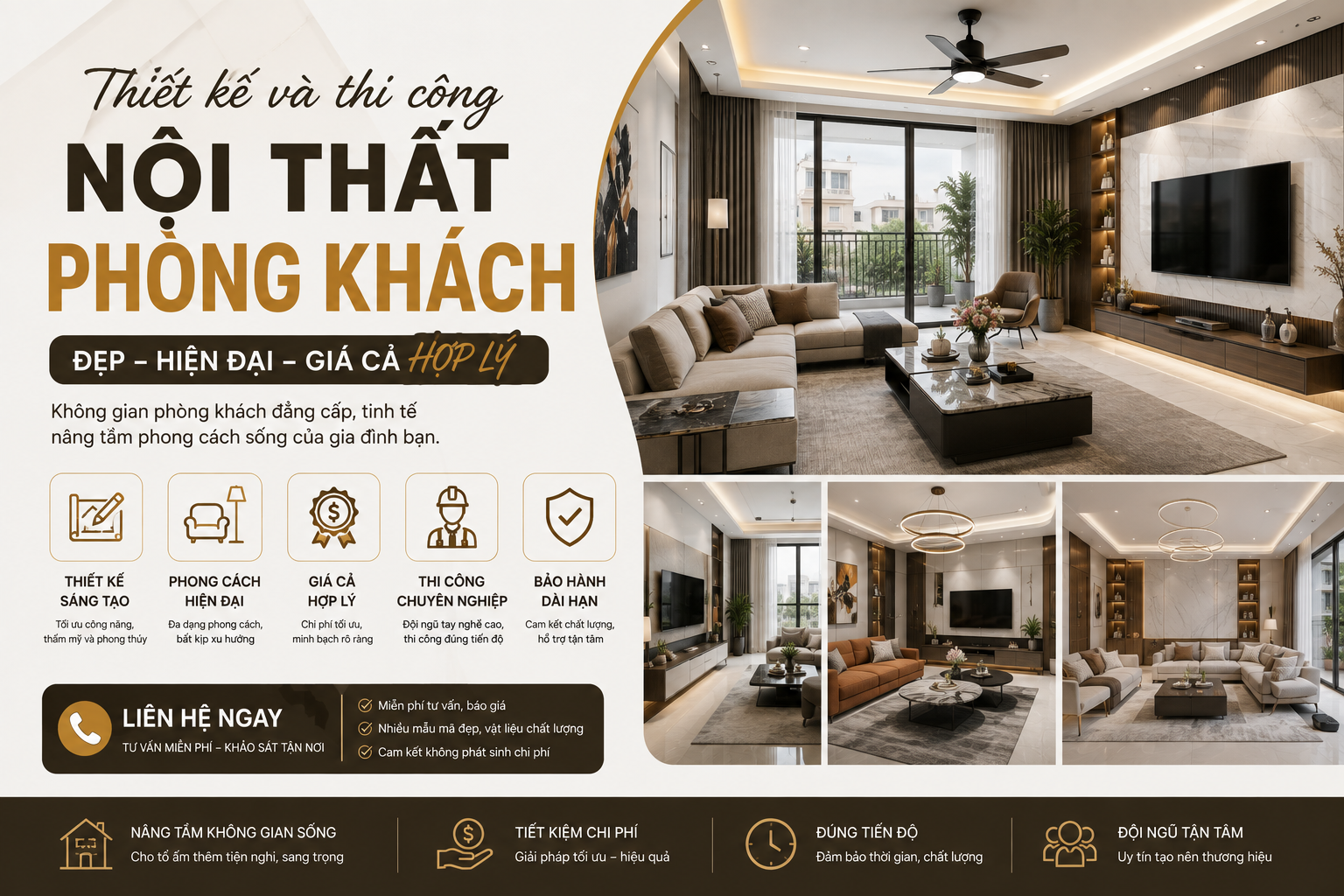 Thiết kế và thi công nội thất phòng khách đẹp, hiện đại, giá cả hợp lý